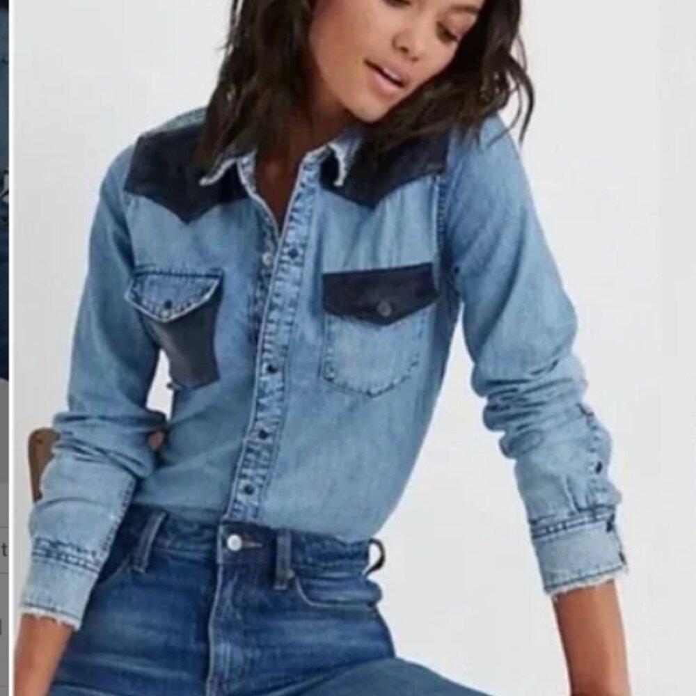 Lucky Remade Pearl Snap Western Shirt Chambray/Velvet Distressed Size L